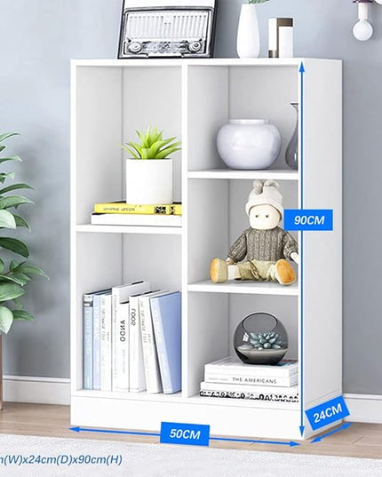 IOTXY Open Shelf Low Bookcase - Wooden 3-Tier Floor Standing Display Cabinet Organizer with Base, 5 Cubes Short Horizontal Bookshelf in Warm White - LeafyLoom