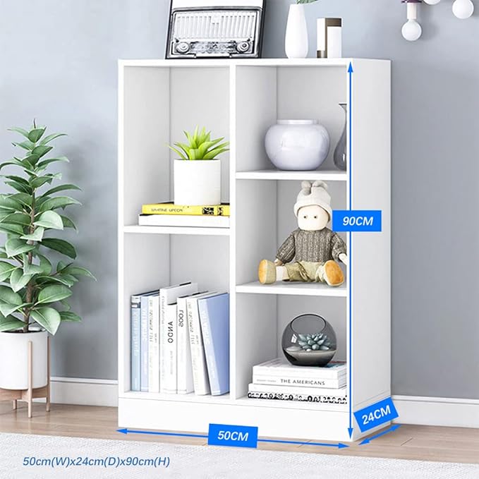 IOTXY Open Shelf Low Bookcase - Wooden 3-Tier Floor Standing Display Cabinet Organizer with Base, 5 Cubes Short Horizontal Bookshelf in Warm White - LeafyLoom