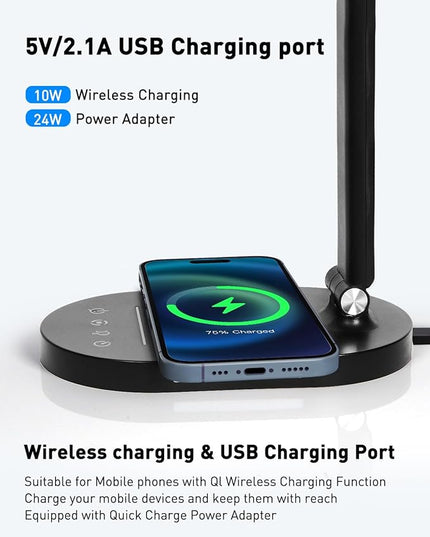 LED Desk Lamps for Home Office, Double Head Table Lamp with Wireless Charger, USB Charging Port, Clock, Alarm, Date, Temperature, Bedside Nightstand Light with Night Light for Bedroom Reading 14W - LeafyLoom