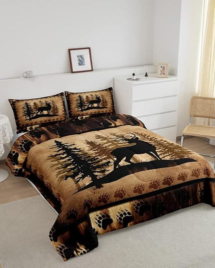 Cute Deer Comforter Set for Girls Boys Kids Deer Hunting Bedding Set Room Decorative Bear Paw Print Tree Pattern Bedding Set Exotic Style Brown Duvet Set Full Size 3Pcs Quilt Set - LeafyLoom