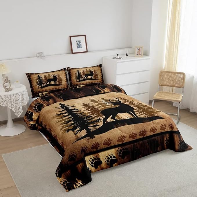Cute Deer Comforter Set for Girls Boys Kids Deer Hunting Bedding Set Room Decorative Bear Paw Print Tree Pattern Bedding Set Exotic Style Brown Duvet Set Full Size 3Pcs Quilt Set - LeafyLoom