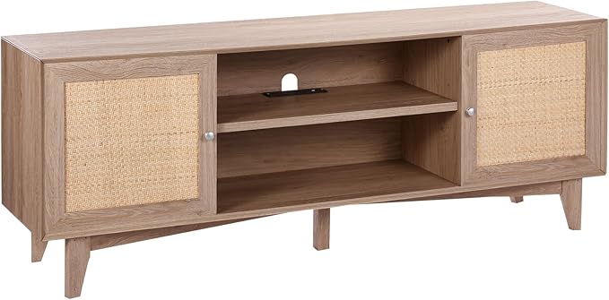 VEVOR Rattan TV Stand, Mid Century Modern TV Stand for 75 inch TV, Boho Rattan TV Cabinet with Build-in Socket and USB Ports, Adjustable Shelfs for Living Room, Media Room, Oak - LeafyLoom