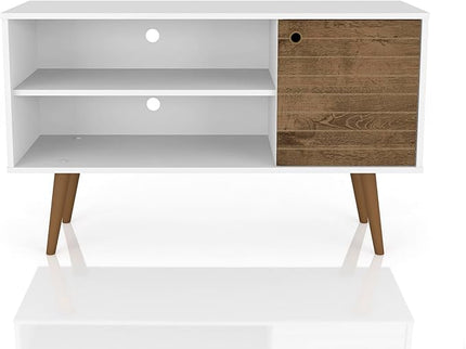 Manhattan Comfort Liberty Mid Century Modern TV Stand for Televisions up to 46 Inches, Bedroom and Living Room Entertainment Center with Storage, Shelves, and Cabinet, 43" Wide, White/Rustic Brown - LeafyLoom
