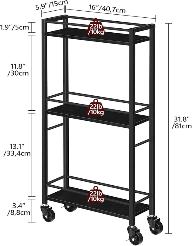 Slim Rolling Cart, Mobile Kitchen Cart on Wheels, Narrow Storage Cart for Small Space, Wooden Service Cart, for Bathroom, Laundry, Living Room, Black RCHB1501 - LeafyLoom
