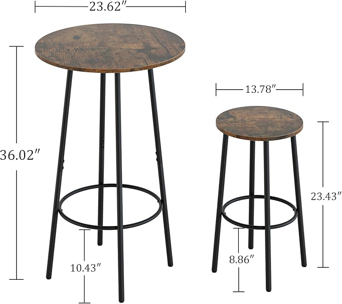 3 Piece Bar Table Set, Round Bar Table and Chairs Set of 2, Pub Dining Table Set Counter Height, Bar Stool Table for Breakfast Nook, Dinning Room, Living Room, Rustic Brown(23.6") - LeafyLoom