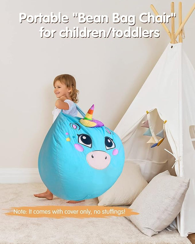 Aubliss Unicorn Stuffed Animal Storage, Velvet Bean Bag Chairs Cover, X-Large 38" Ultra Soft Kids Toy Storage Organizer for Blankets Towels Clothes Home Supplies, Blue Big Eyes - LeafyLoom