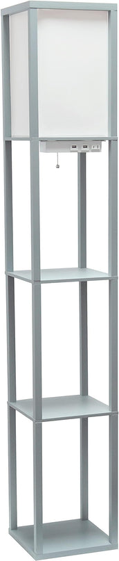 Simple Designs LF1037-GRY Organizer Storage Shelf with 2 Ports, 1 Charging Outlet and Linen Shade USB Etagere Floor Lamp, Gray - LeafyLoom