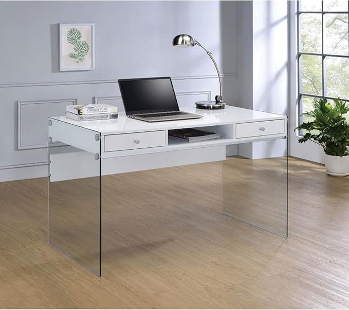 Coaster Home Furnishings Dobrev 2-Drawer Writing Desk Glossy White and Clear - LeafyLoom