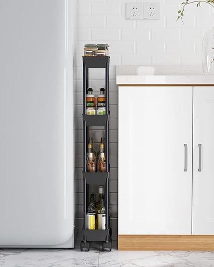 Sooyee 4 Tier Slim Storage Cart,Rolling Storage Cart,Narrow Shelf,Bathroom Rack,Mobile Shelving Unit Organizer for Kitchen, Bathroom, Laundry Room, Black - LeafyLoom