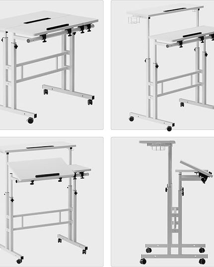soges Mobile Laptop Sit-Stand Desk, Height Adjustable Standing Tiltable Top Desk, 31.5 inch Stand Up Computer Desk for Home Office, Small Rolling Desk with Cup Holder for Small Space, White - LeafyLoom