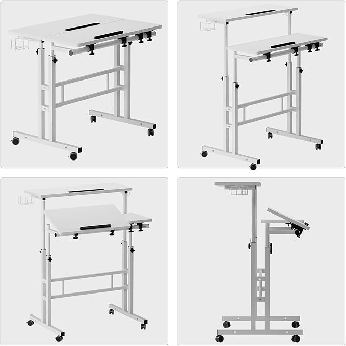 soges Mobile Laptop Sit-Stand Desk, Height Adjustable Standing Tiltable Top Desk, 31.5 inch Stand Up Computer Desk for Home Office, Small Rolling Desk with Cup Holder for Small Space, White - LeafyLoom