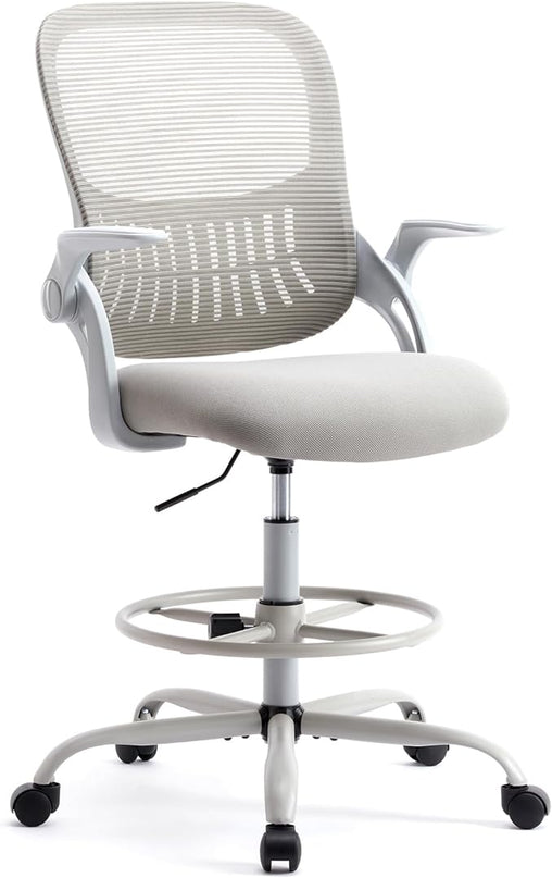 SMUG Drafting Chair, Tall Office Chair Tall Standing Desk Chair Counter Height Adjustable Office Chair with Flip-up Arms, Mid Back Mesh Office Drafting Chair, Grey - LeafyLoom