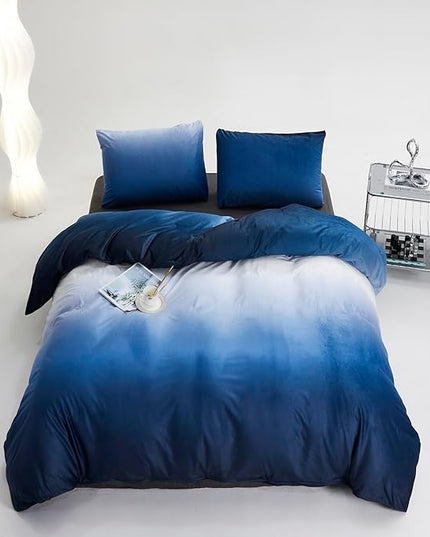 Blue White Gradient Comforter Set Queen Blue Velvet Bedding Comforter Modern Plain White and Royal Blue Gradient Soft Quilt Farmhouse Flannel Comforter Warm Queen Bed Comforter - LeafyLoom