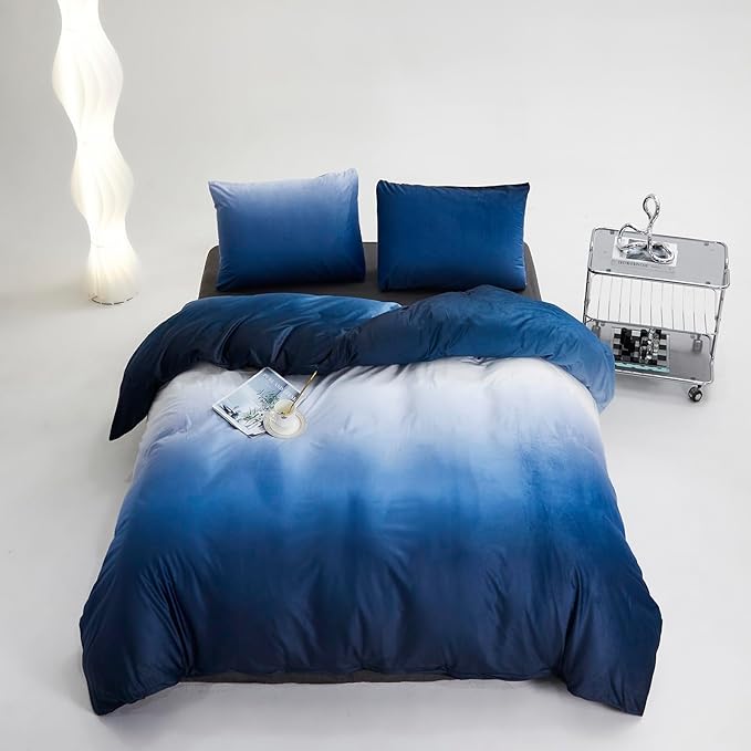 Blue White Gradient Comforter Set King Blue Velvet Bedding Comforter Modern Plain White and Royal Blue Gradient Soft Quilt Farmhouse Flannel Comforter Warm King Bed Comforter - LeafyLoom