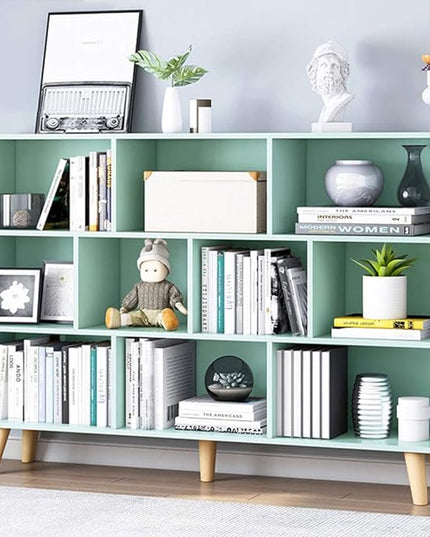 IOTXY Wooden Open Shelf Bookcase - 3-Tier Floor Standing Display Cabinet Rack with Legs, 10 Cubes Kids Bookshelf, Tiffany-Green - LeafyLoom