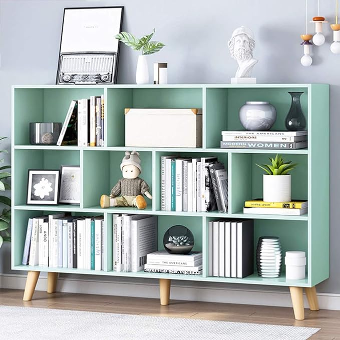 IOTXY Wooden Open Shelf Bookcase - 3-Tier Floor Standing Display Cabinet Rack with Legs, 10 Cubes Kids Bookshelf, Tiffany-Green - LeafyLoom