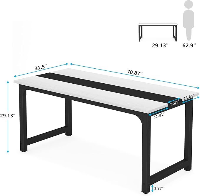 70.8 Inch X-Large Executive Computer Office Desk, White+Black - LeafyLoom