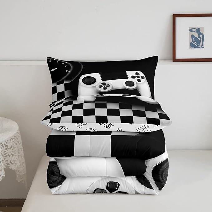 Gampad Comforter Set Queen Size,Gamer Lover Bedding Set Gift for Boys Youth,Video Game Reversible Quilted Duvet Soft Warm Game Room Decor,Black Buffalo Plaid Check Duvet Insert + 2 Pillowcases - LeafyLoom