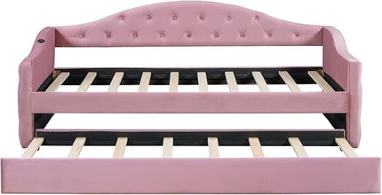 Twin Size Velvet Tufted Upholstered Daybed with Trundle, Modern Solid Wood Sofa Bed w/USB & Type-C Charging Ports, for Bedroom Living Room, No Box-spring Needed, Pink - LeafyLoom