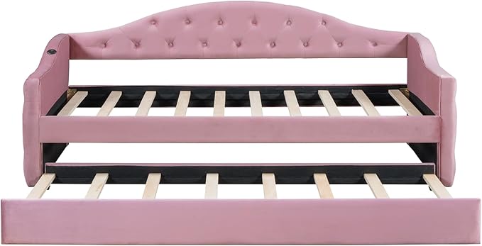 Twin Size Velvet Tufted Upholstered Daybed with Trundle, Modern Solid Wood Sofa Bed w/USB & Type-C Charging Ports, for Bedroom Living Room, No Box-spring Needed, Pink - LeafyLoom