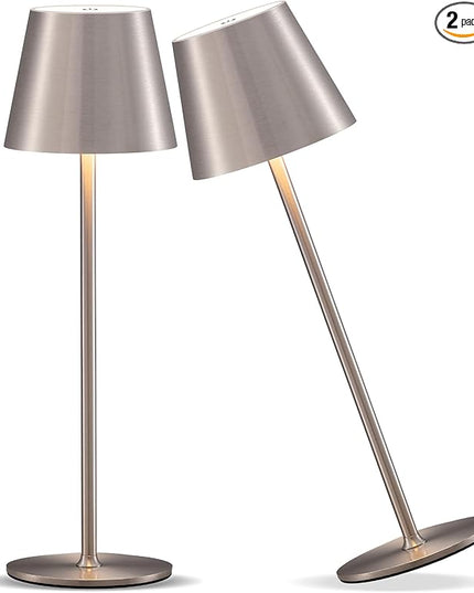 Cordless Rechargeable Table Lamp Set of 2, 5000mAh Battery Powered LED Desk Lamps, 3 Color Stepless Dimming Up, Portable Table Light Lamp for Bedroom Restaurant Outdoor (Brushed Nickel) - LeafyLoom