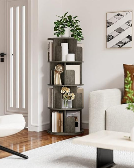 OTK Rotating Bookshelf, 360° Display Standing Book Shelf Organizer, 4 Tier Wooden Corner Bookshelves for Small Space, Small Bookcase Storage Rack for Kids' Room, StudyRoom, Bedroom, Black Oak - LeafyLoom