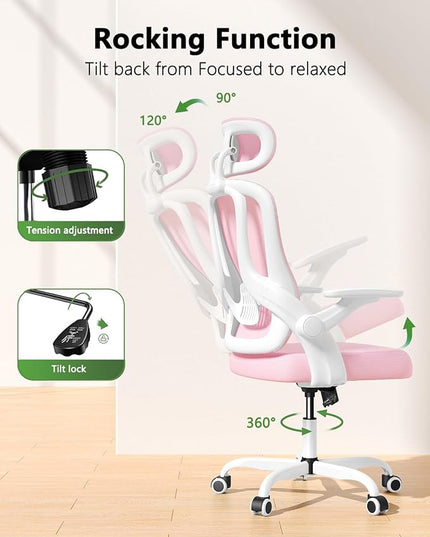 Ergonomic Mesh Office Chair, High Back Home Desk Chair with Flip-up 3D Armrests, Lumbar Support, Adjustable Headrest, Swivel Computer Task Chair for Home, Office, Work, Student, Pink - LeafyLoom
