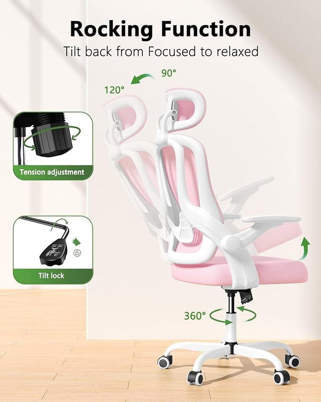 Ergonomic Mesh Office Chair, High Back Home Desk Chair with Flip-up 3D Armrests, Lumbar Support, Adjustable Headrest, Swivel Computer Task Chair for Home, Office, Work, Student, Pink - LeafyLoom