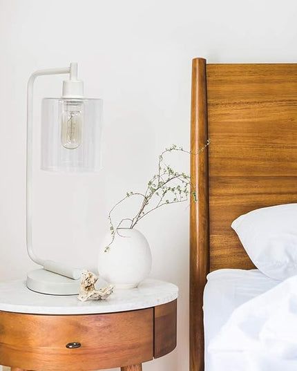 Simple Designs LD1036-WHT Bronson Antique Style Industrial Iron Lantern Desk Bedside Glass Shade Table Lamp, White - LeafyLoom