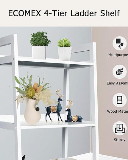 ECOMEX 4-Tier Ladder Shelf, Solid Pine Frame, 20 lbs Capacity per Partition, Modern Style, Home Office, Bedroom (White) - LeafyLoom