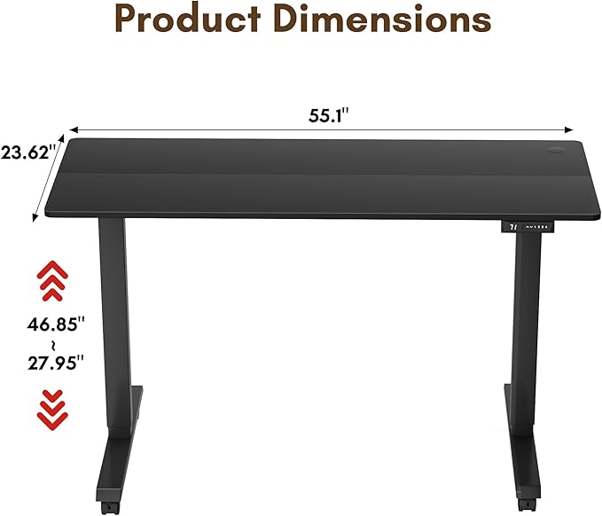 Electric Standing Desk 55 Inch, Ergonomic Height Adjustable Table with T-Shaped Metal Bracket Modern Computer Workstations for Home Office, Black, 55 x 24 Inch - LeafyLoom