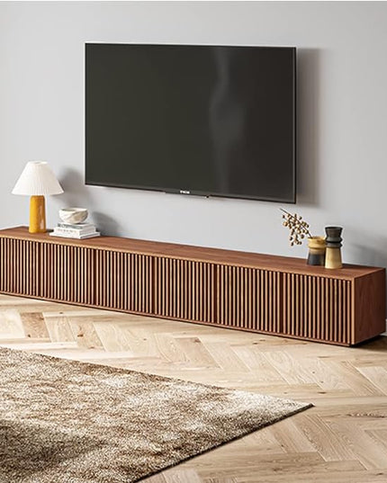 POVISON Wood TV Stand, 118” Extra-large Entertainment Center for 100 inch TV, Modern Living Room Media Console with Storage, Farmhouse Slatted Solid Ash Low Cabinets - LeafyLoom