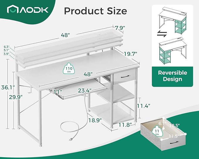 AODK Computer Desk with Keyboard Tray, 48 Inch Office Desk with Power Outlet, Work Desk with Drawer, Reversible Desk with Adjustable Monitor Shelf and Storage Shelf for Home, White - LeafyLoom