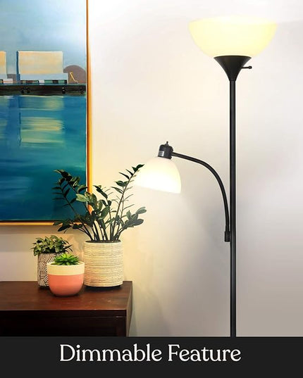 Brightech Sky Dome Plus LED Floor lamp, Torchiere Super Bright Floor Lamp with Reading Lamp for Living Rooms & Offices - Dimmable Tall Standing Lamp for Bedroom Reading - Black - LeafyLoom