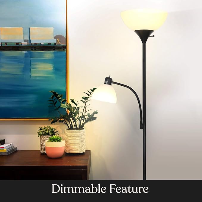 Brightech Sky Dome Plus LED Floor lamp, Torchiere Super Bright Floor Lamp with Reading Lamp for Living Rooms & Offices - Dimmable Tall Standing Lamp for Bedroom Reading - Black - LeafyLoom