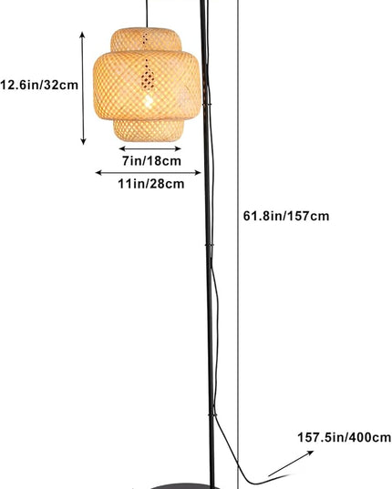Rattan Floor Lamps-Bamboo 62inch Tall Standing Lighting Wicker Lantern Hanging Lamp E26 Fixture with Wooden Holder Industrial Metal Black Floor Lights for Living Room,Dinner Room - LeafyLoom