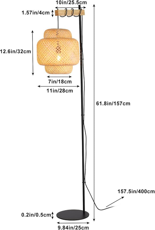Rattan Floor Lamps-Bamboo 62inch Tall Standing Lighting Wicker Lantern Hanging Lamp E26 Fixture with Wooden Holder Industrial Metal Black Floor Lights for Living Room,Dinner Room - LeafyLoom