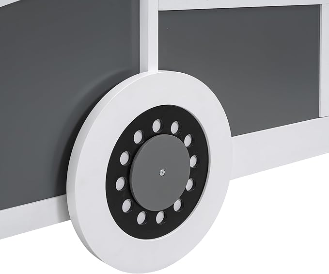 Twin over Twin Bus-shaped Bunk Bed with Wheels,Kids Car-Shaped Bedframe W/Storage,Space Saving,No Box Spring Needed,Wood Toy Bedroom Furniture for Boys Toddlers Teens Child,Gray+White - LeafyLoom