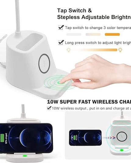 Small Desk Lamp with Wireless Charger, Desk Lights for Home Office - LED, White,Brightness Adjustment, 3 Color Modes,500LM, Study Lamp with Pen Holder， Desktop Study Desk Lamp for College Dorm Room - LeafyLoom
