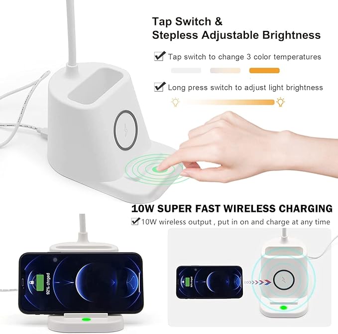 Small Desk Lamp with Wireless Charger, Desk Lights for Home Office - LED, White,Brightness Adjustment, 3 Color Modes,500LM, Study Lamp with Pen Holder， Desktop Study Desk Lamp for College Dorm Room - LeafyLoom