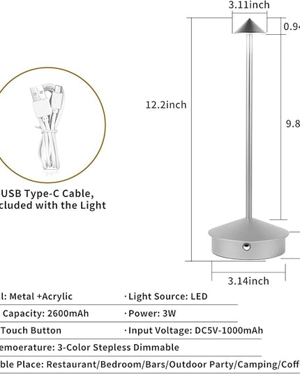 Rechargeable Battery Operated Desk Lamp with Touch Sensor Cordless Portable LED Table Lamp， Three-Level Dimmable Suitable for Bars/Cafes/Restaurants/Bedrooms/Camping Sites (Silver) - LeafyLoom