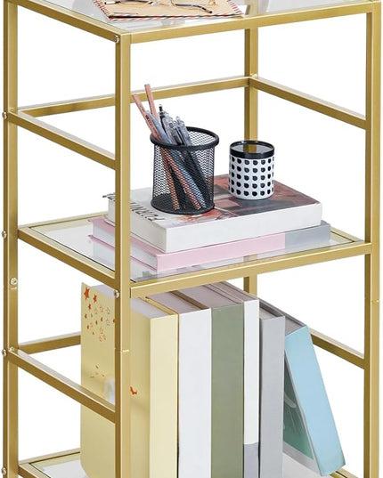 HOOBRO 3-Tier Bookcase, Tempered Glass Bookshelves, Record Storage Rack with Side Fence, Storage Shelves for Bathroom, Slim Shelving Unit for for Living Room, Home Office, Gold GD81CJ01 - LeafyLoom