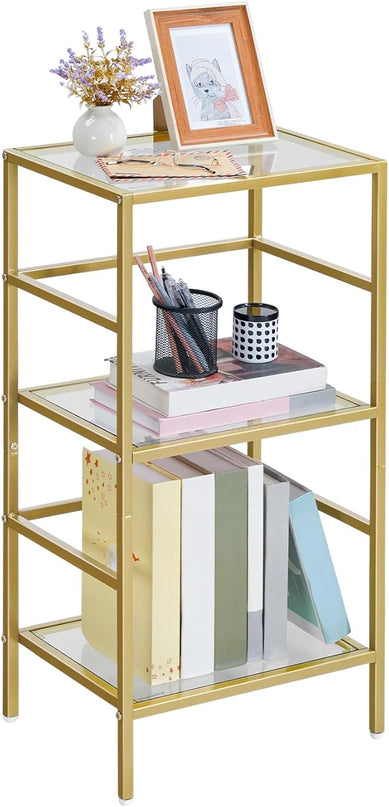 HOOBRO 3-Tier Bookcase, Tempered Glass Bookshelves, Record Storage Rack with Side Fence, Storage Shelves for Bathroom, Slim Shelving Unit for for Living Room, Home Office, Gold GD81CJ01 - LeafyLoom