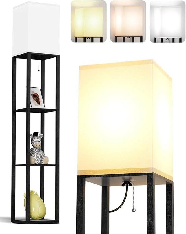 PAZZO Floor Lamp with Shelves by Solid Wood, Modern Shelf Floor Lamp with 3 Color Temperature, Linen Lampshade and Storage Shelves for Living Room, Bedroom, Bulb Included(Black) - LeafyLoom