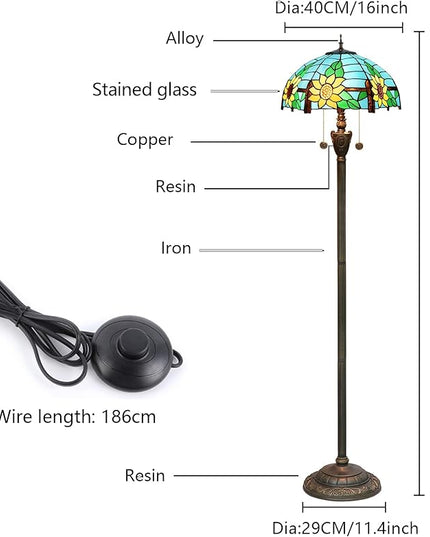 Tiffany Floor Lamp Blue Yellow Sunflowers Stained Glass lamps for Living Room Bedroom Office Lighting Rustic Corner Deco Standing Tall Vintage Kids Aesthetic Mediterranean Style Lamp - LeafyLoom