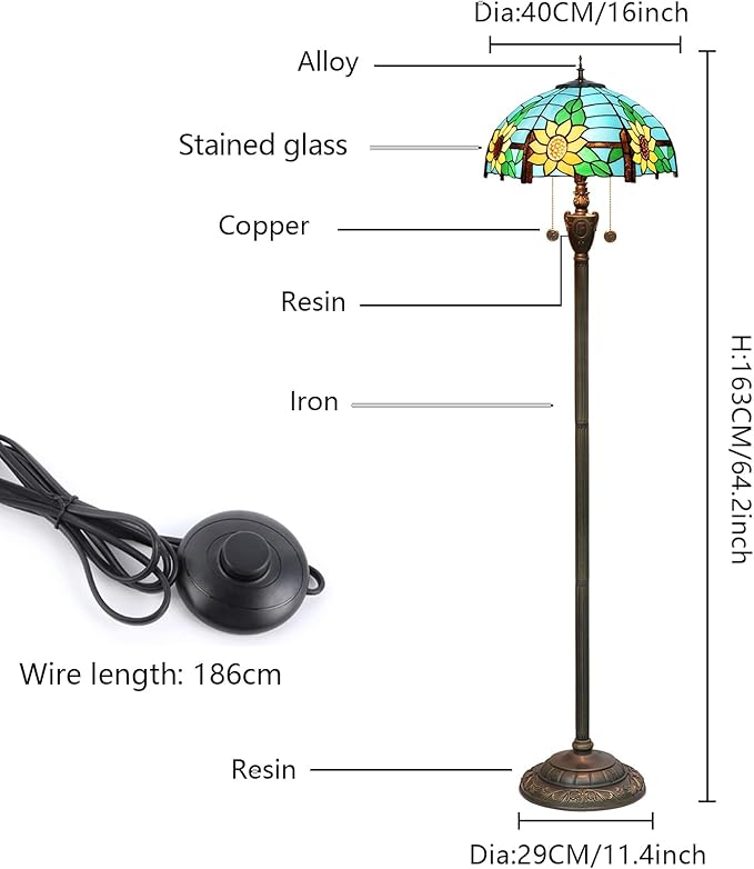 Tiffany Floor Lamp Blue Yellow Sunflowers Stained Glass lamps for Living Room Bedroom Office Lighting Rustic Corner Deco Standing Tall Vintage Kids Aesthetic Mediterranean Style Lamp - LeafyLoom