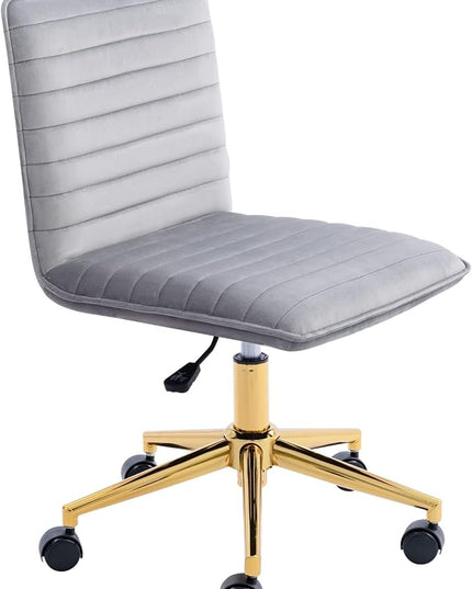 Furniliving Home Office Chair, Armless Vanity Chair with Wheels Swivel Velvet Computer Rolling Desk Chair with Back, Adjustable Accent Chair with Gold Metal Base Stool Chair,Gray - LeafyLoom