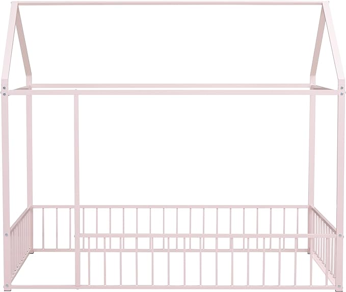 RITSU Twin Size Montessori Floor Bed, Metal House Bedframe with Fence, Robust Construction is Used, for Children'S Rooms, Boys Girls, No Box Spring Needed, Easy Assembly, Pink - LeafyLoom