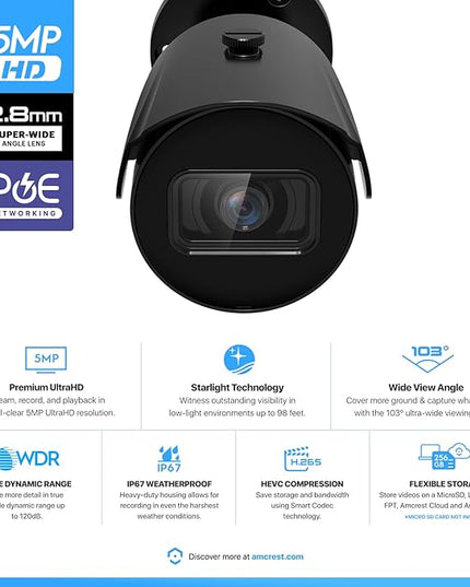 Amcrest UltraHD 5MP Outdoor POE Camera 2592 x 1944p Bullet IP Security Camera, Outdoor IP67 Waterproof, 103° Viewing Angle, 2.8mm Lens, 98.4ft Night Vision, 5-Megapixel, IP5M-B1186EB-28MM (Black) Amcrest