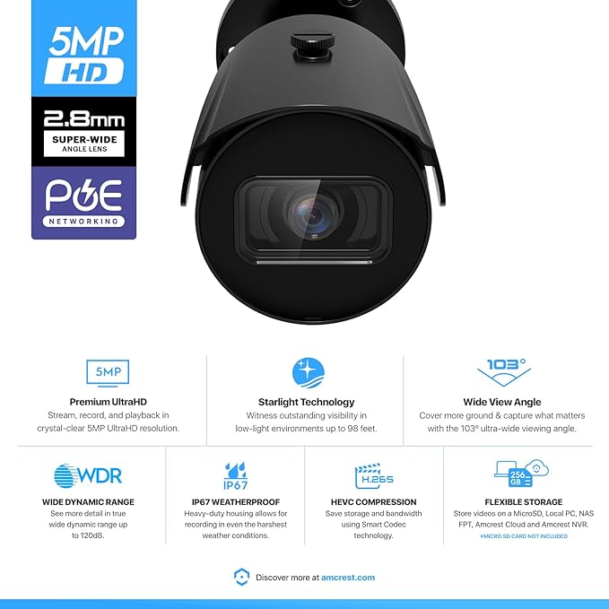 Amcrest UltraHD 5MP Outdoor POE Camera 2592 x 1944p Bullet IP Security Camera, Outdoor IP67 Waterproof, 103° Viewing Angle, 2.8mm Lens, 98.4ft Night Vision, 5-Megapixel, IP5M-B1186EB-28MM (Black) Amcrest